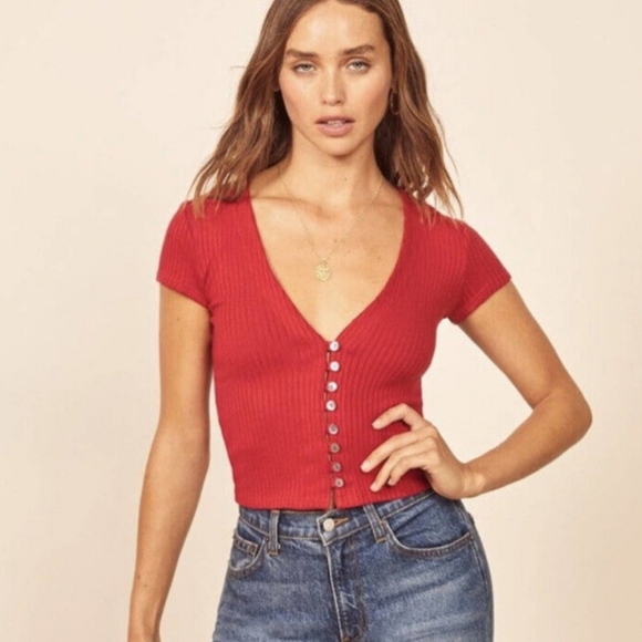 Reformation Tops - Reformation Small Nella Ribbed V Neck Cropped Button Front Top Cherry Red